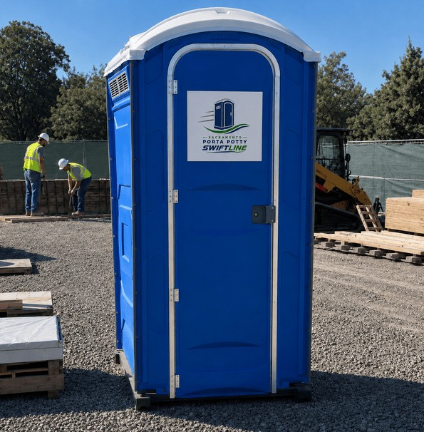 Row of clean Sacramento Porta Potty Swiftline portable toilets set up at an event in Sacramento, CA