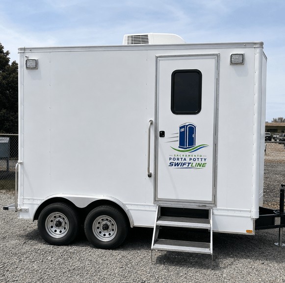 Clean branded Sacramento Porta Potty Swiftline restroom unit ready for delivery